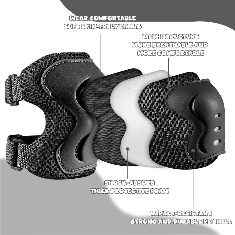 JBM Kids Knee Pad Elbow Pads and Wrist Guards Protective Gear Set for Skateboarding Cycling Roller Skating Inline Skating Scooter Riding BMX Biking Sports (Black) - Image 4